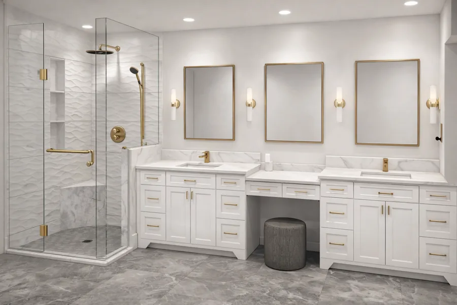 Modern bathroom with a heated towel bar — Floor and Bath Design Durham Region