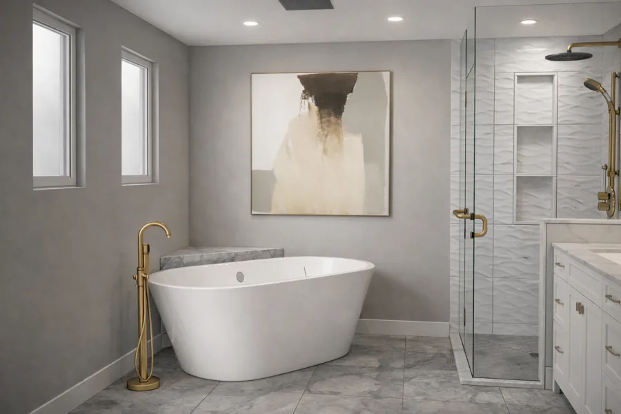 Walk-in shower with a quartz niche insert — Floor and Bath Design Durham Region