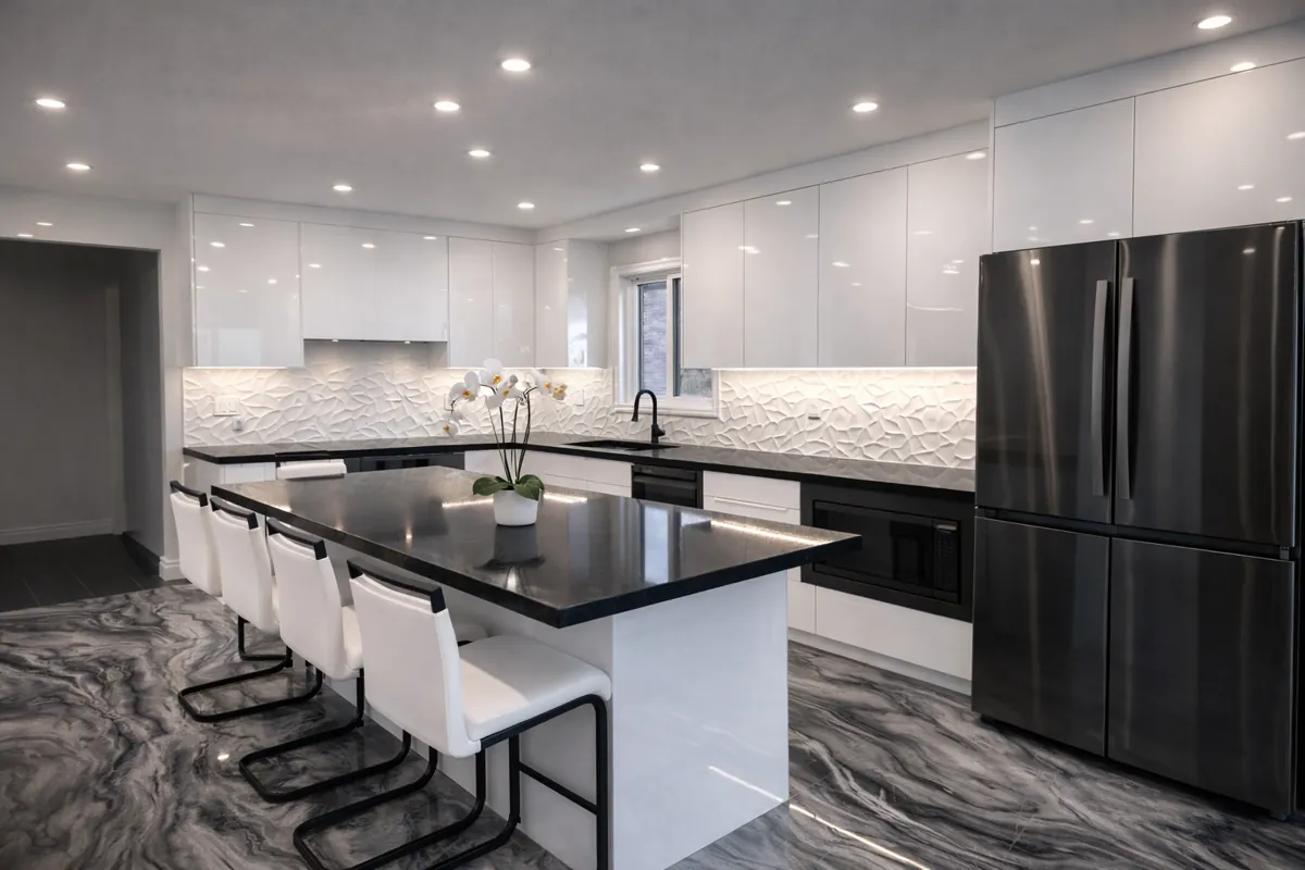 Modern kitchen with tiled backsplash — Floor and Bath Design Durham Region