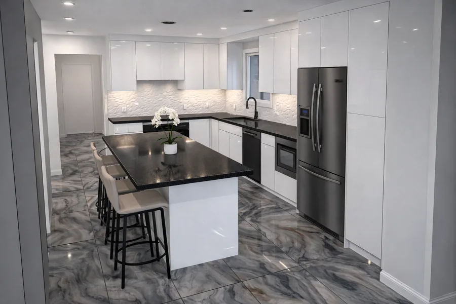 Prefab kitchen with a stainless steel sink and faucet — Floor and Bath Design Durham Region