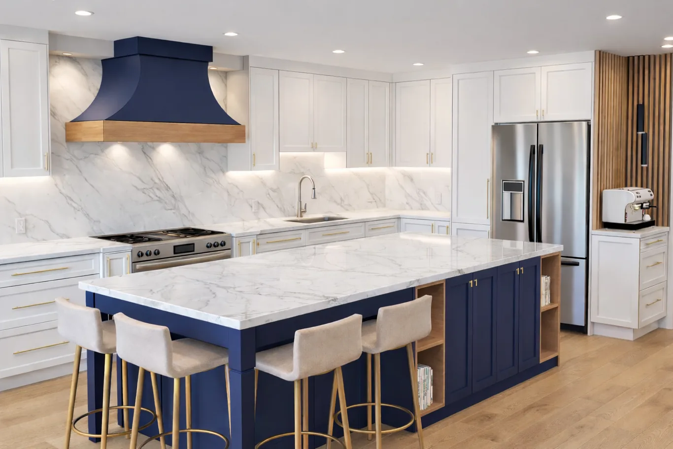 3D Kitchen Render — Navy Blue Canopy Design — Floor & Bath Design Durham Region